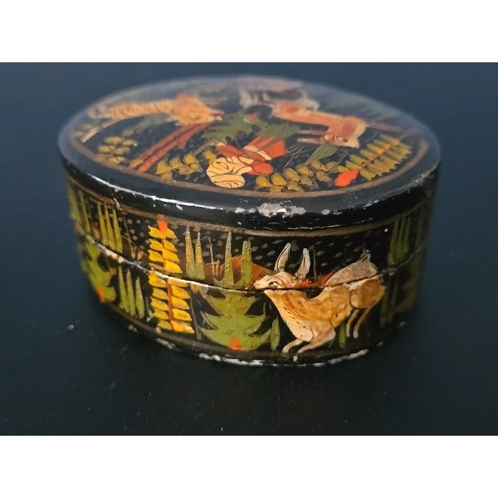 Vintage Paper Mache Box Deer Rabbit Hunting Kashmir India‎ Hand Painted 3